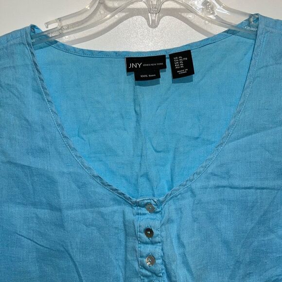 JNY Jones New York Women's Blue 100% Linen Half Button Tank Top Size XL - Picture 2 of 9